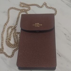 Coach Brown Saffiano Leather Crossbody Phone Pouch with Gold Chain